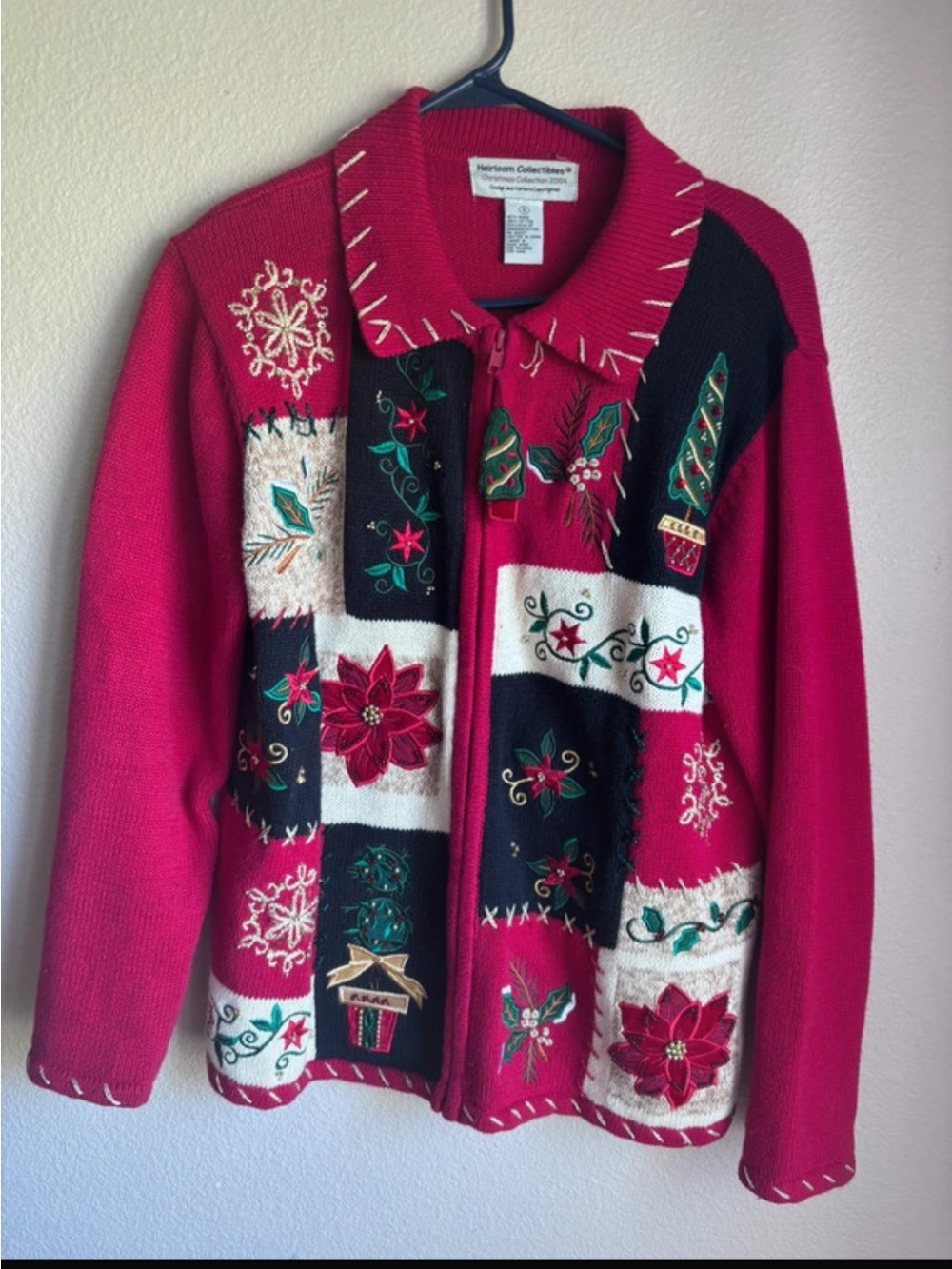 Heirloom Collectibles Women's Red Embroidered Holiday Cardigan
